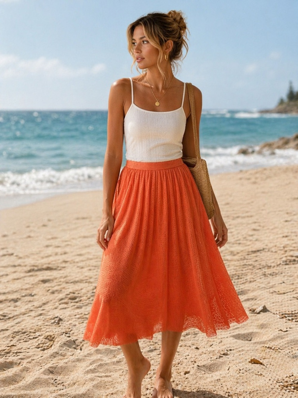 Junee Orange Mesh Pleated Midi Skirt Size L | Flowy Beachy Statement Skirt